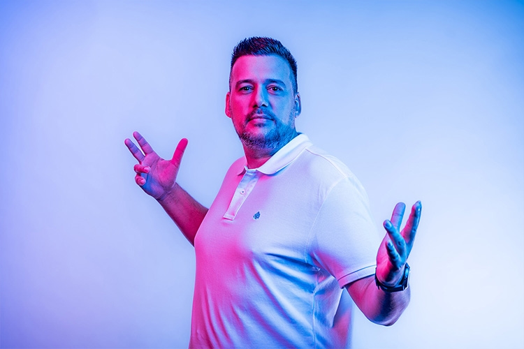 Man holding hands sideways