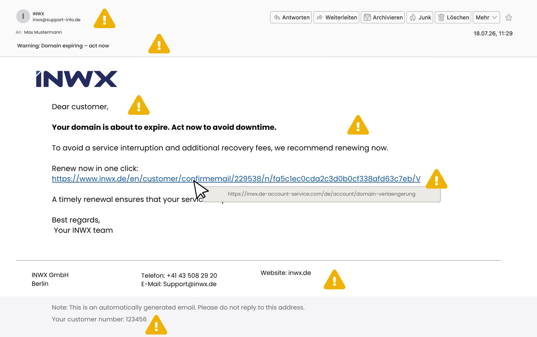 Example of a phishing email in INWX design, with warning signs such as sender, link, and footer marked