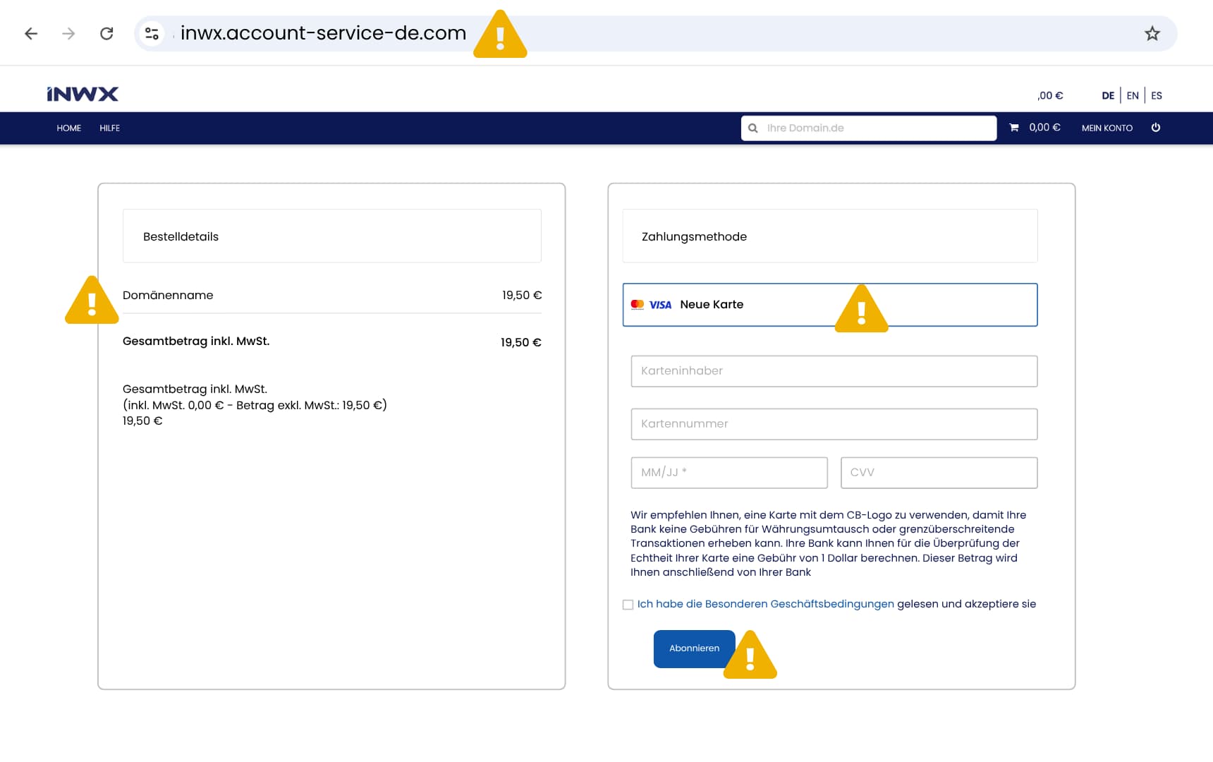 Beispiel einer Phishing-Website im INWX-Design, bei der Warnzeichen wie Domain und Formulierungen markiert sind