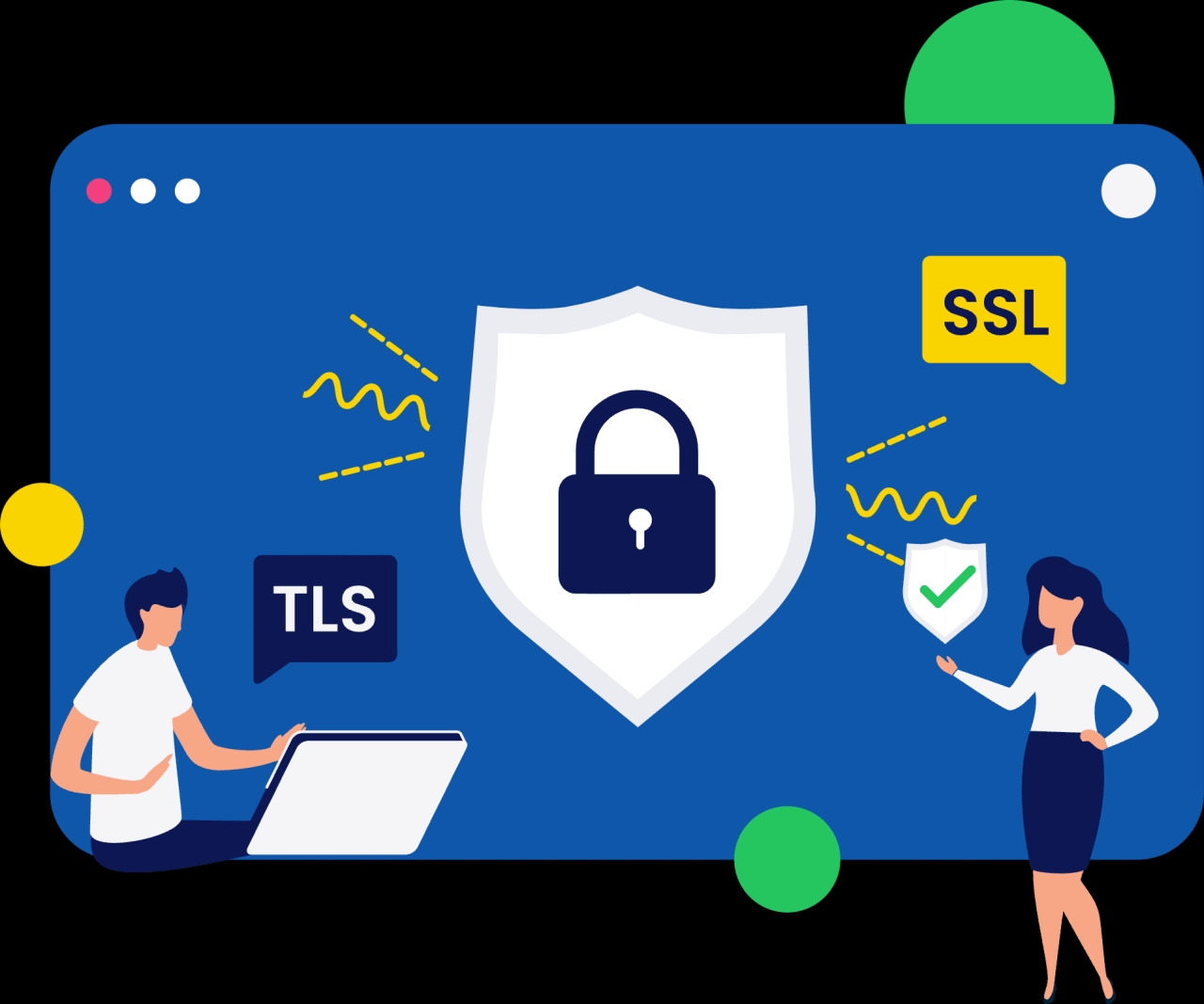 Illustration einer digitalen Sicherheitsdarstellung mit einem großen Schild und einem Schloss, das SSL- und TLS-Verschlüsselung symbolisiert. Links sitzt eine Person am Laptop mit einem "TLS"-Symbol, rechts zeigt eine Frau auf ein kleines Schild mit einem Häkchen. Gelbe und grüne grafische Elemente runden das Design ab.