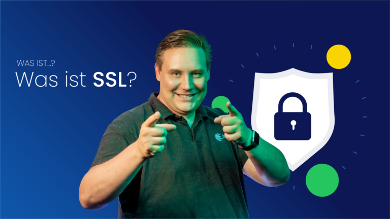 Mann auf blauen Hintergrund, mit Sicherheitsschloss-Illustration und Beitragstitel