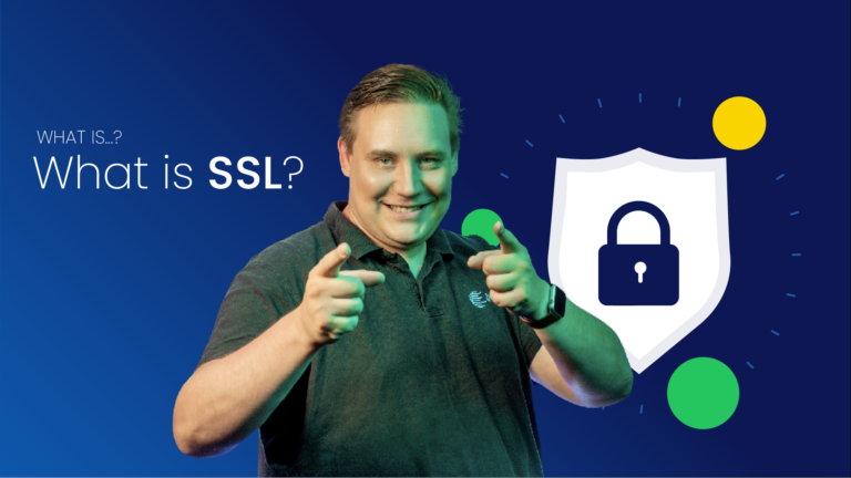 Man on blue background, with security lock illustration and post title