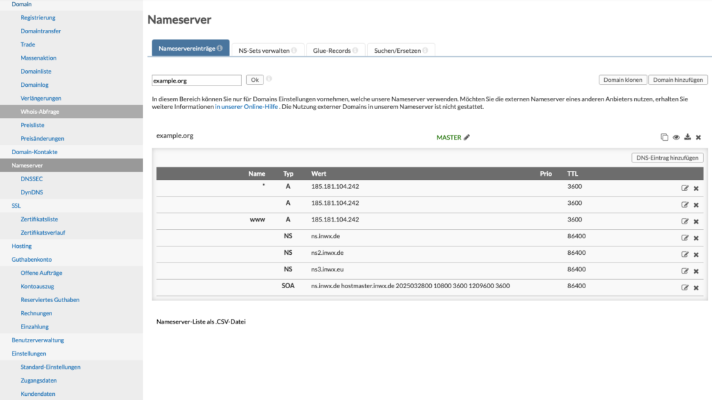 Screenshot aus dem INWX Kundenbereich aus den Einstellungen zu DNS-Einträgen