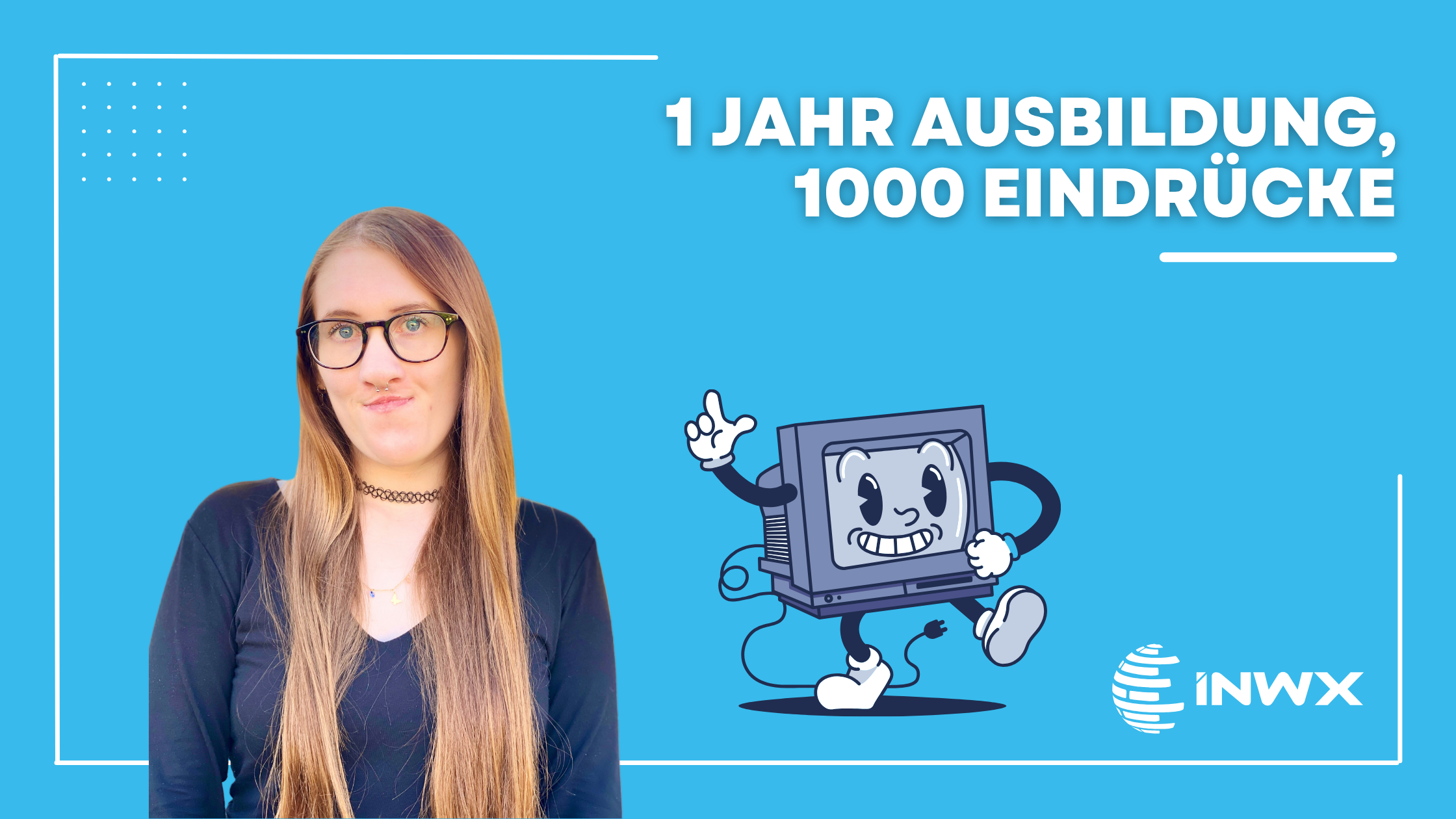 Titelbild mit hellblauem Hintergrund, Foto eines Mitarbeiters und Grafik eines Computers