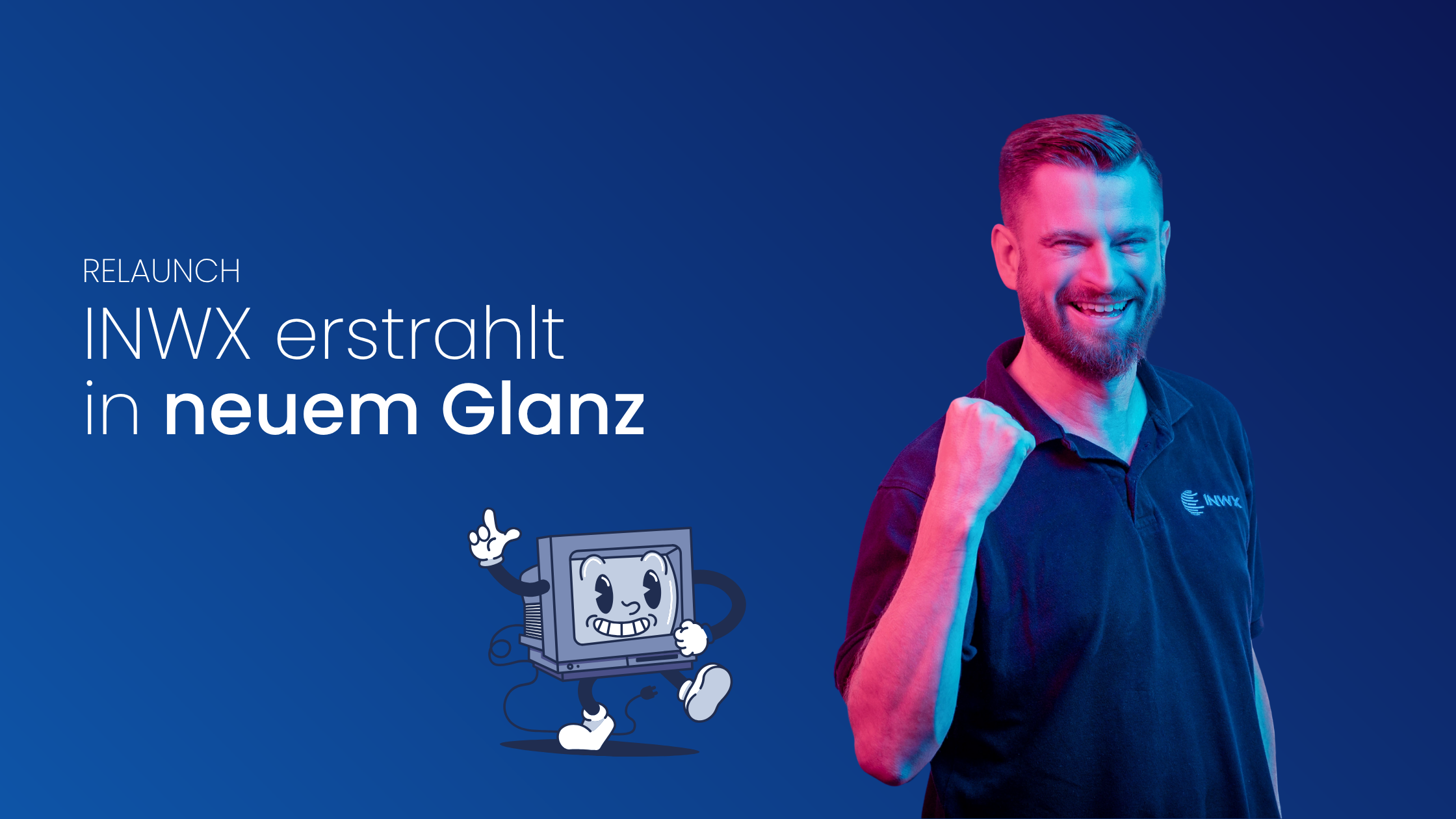 Titelbild mit Foto von Mann der sich freut und Grafik eines personifizierten Computers